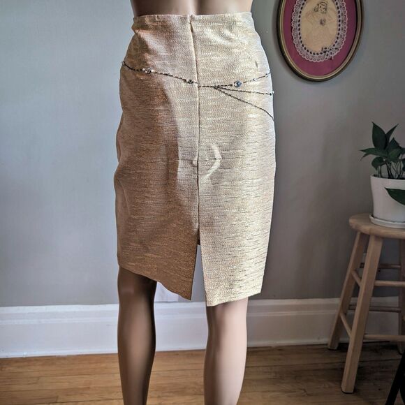 NWT Y2K Kelly and Diane Mini Skirt Pencil Slit Gold Beaded Bow Tassel Size 6 - Picture 3 of 13